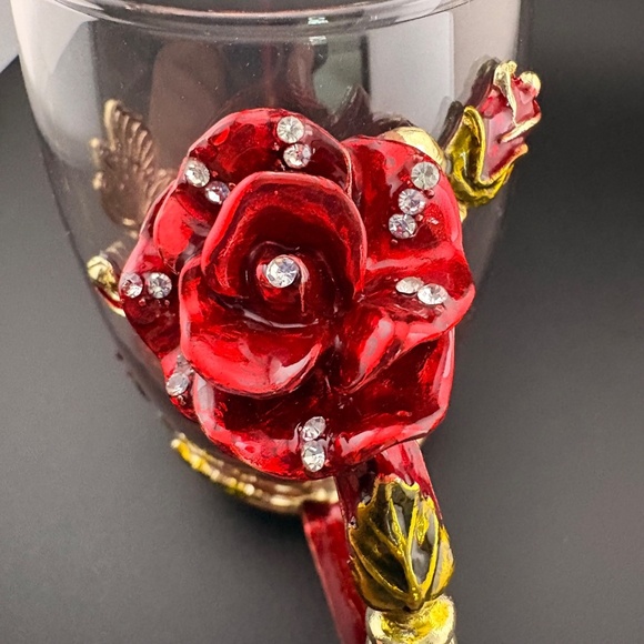 Glass Coffee Tea Cup 3D Jeweled Red & Gold Enamel Rose & Butterfly ARC Of France - Picture 9 of 11